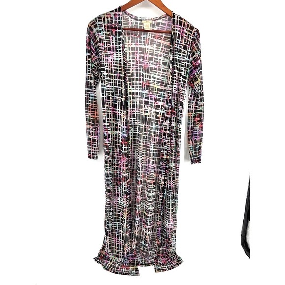 NYJC Sweaters - NYJC Womens Long Duster Cardigan Sz S-M Sheer Mesh Abstract Stretch Resort Artsy